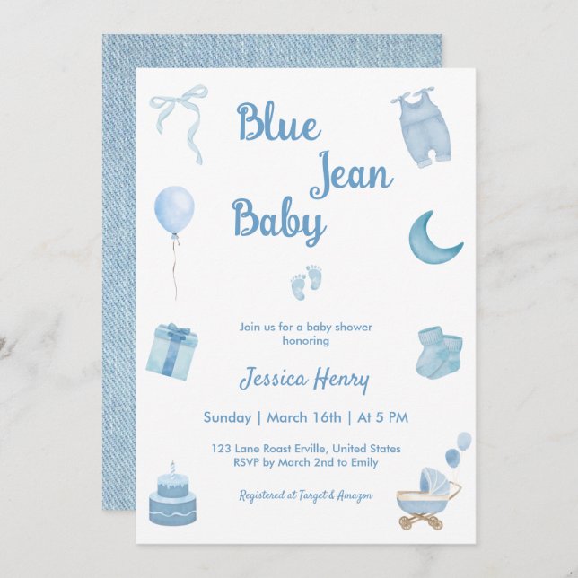 Minimalist Blue Jean Baby Denim Baby Shower Invitation (Front/Back)