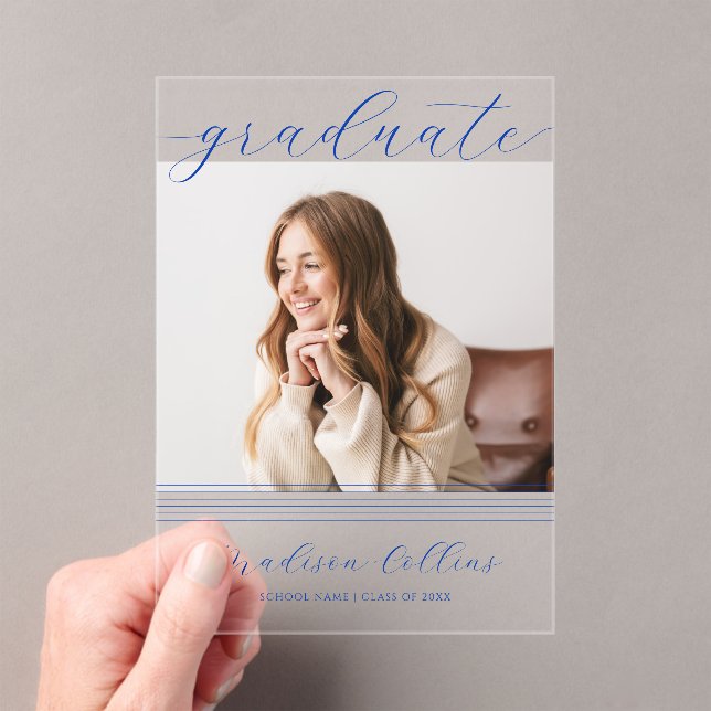 Minimalist Blue Lines Graduation Photo Acrylic Invitations (Insitu (Handheld))