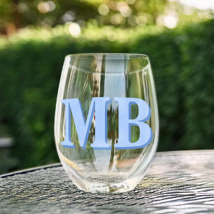 Minimalist Blue Modern Initial Monogram Stemless Wine Glass