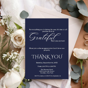 Minimalist blue navy & white script appreciation  invitation