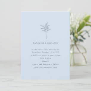 Minimalist Blue Palm Tree Line Art Elegant Wedding Invitation