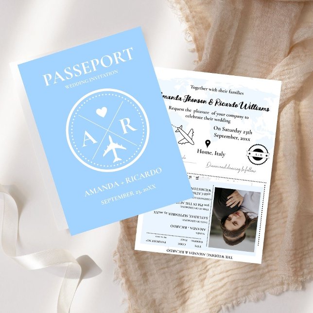 Minimalist Blue Passport Photo Wedding Invitation (Creator Uploaded)