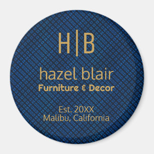 Minimalist Blue Pattern Gold Monogram Business Magnet