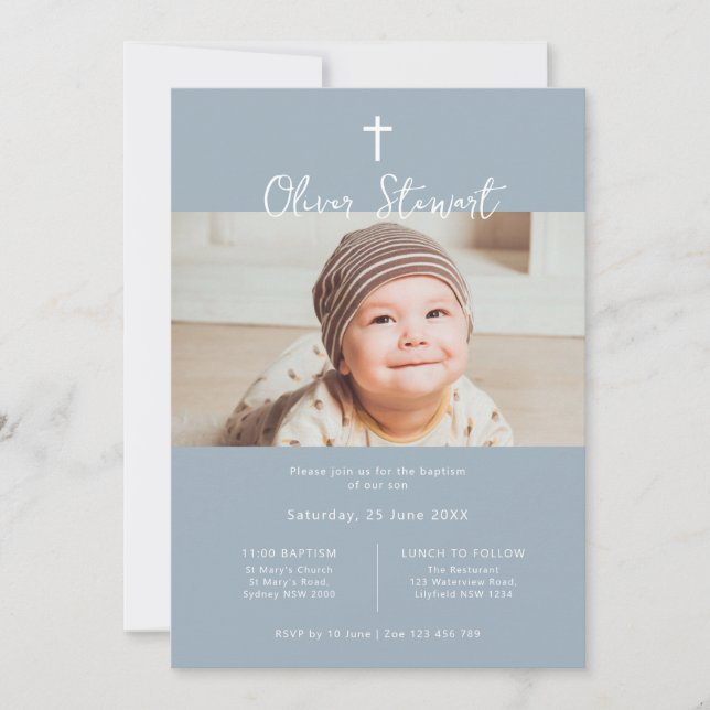 Minimalist blue photo baptism christening invitation (Front)