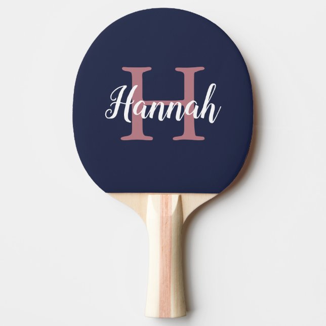 Minimalist Blue Pink Script Monogram Name Ping Pong Paddle (Front)
