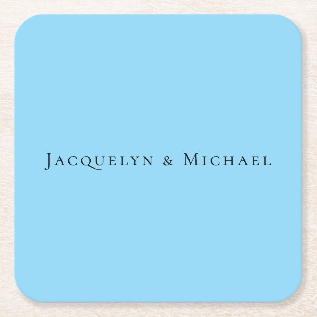 Minimalist Blue Plain Elegant Claasical Name Square Paper Coaster (Front)