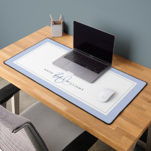 Minimalist Blue Script Two Border Monogram Desk Mat