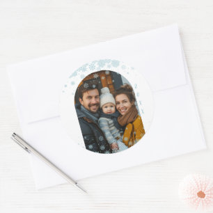Minimalist Blue Snowflake Arched Photo Classic Round Sticker