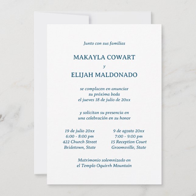 Minimalist Blue Spanish-English Two Reception Invitation (Back)