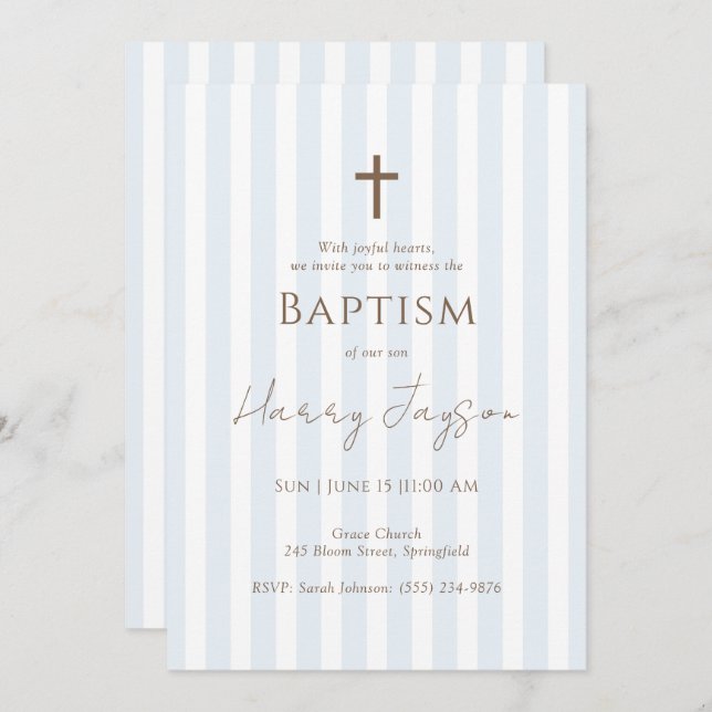 Minimalist Blue Stripe Cross Baptism Invitation (Front/Back)
