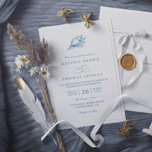 Minimalist Blue Vintage Seashell Elegant Wedding Invitation
