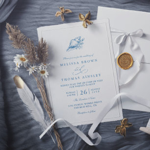 Minimalist Blue Vintage Seashell QR Code Wedding Invitation