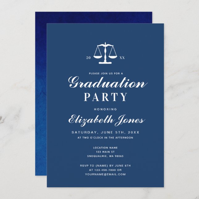Minimalist Blue & Watercolor Graduation Invitation (Front/Back)