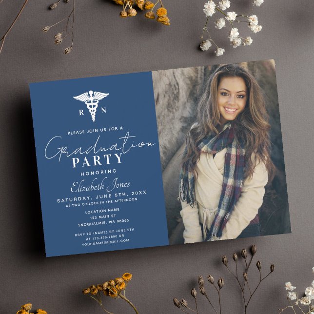 Minimalist Blue & Watercolor Graduation Photo Invitation (Creator Uploaded)