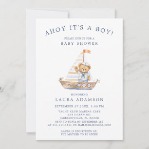 Minimalist Blue Watercolor Teddy Bear Sailor  Invitation