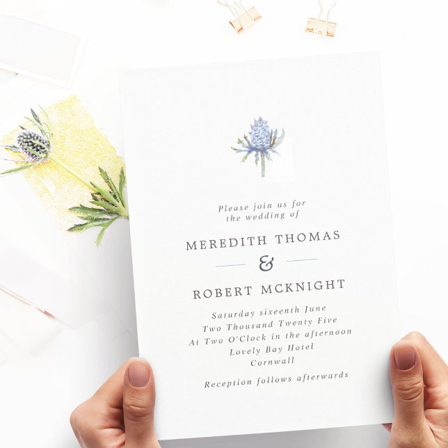 Minimalist Blue Watercolor Thistle Wedding Invitation (Creator Uploaded)