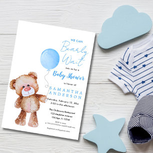 Minimalist Blue 'We Can Beary Wait!' Baby Shower Invitation