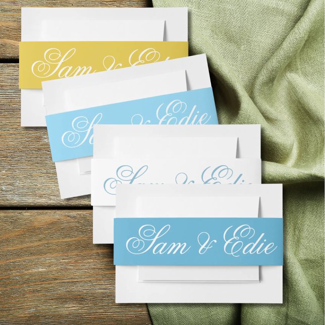 Minimalist Blue Wedding Toile Monogram Name Script Invitation Belly Band (Creator Uploaded)