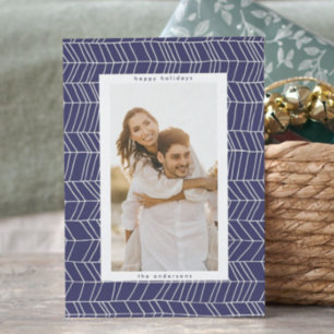 Minimalist Blue White Christmas Candy Cane Border Holiday Card
