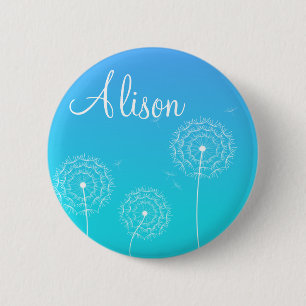 Minimalist Blue White Dandelion Flowers Name 6 Cm Round Badge