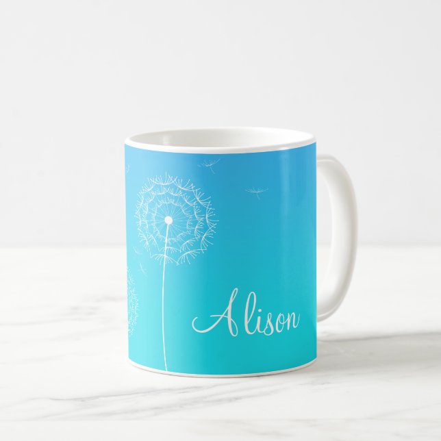 Minimalist Blue White Dandelion Flowers Name Coffee Mug (Front Right)