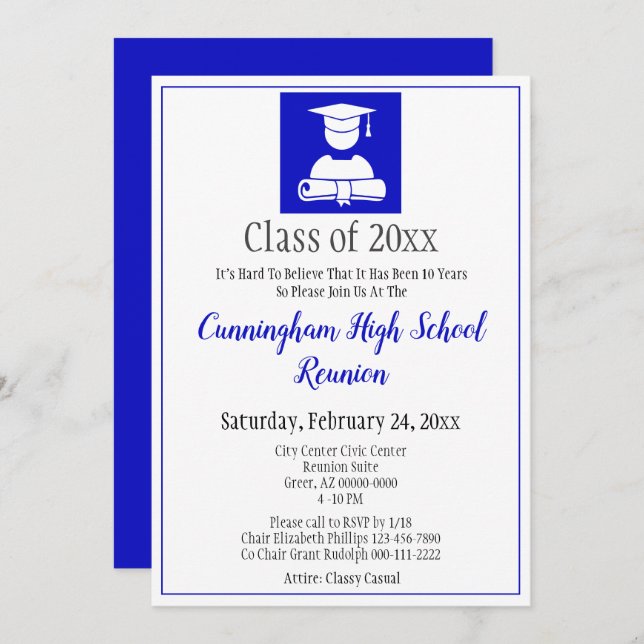 Minimalist Blue White High School Class Reunion Invitation (Front/Back)