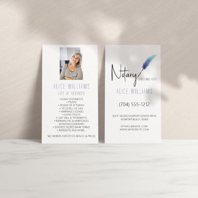 Minimalist Blue & White Notary Photo Vertical  Business Card (Creator Uploaded)