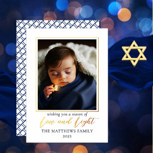 Minimalist Blue White Photo Love   Light Hanukkah Foil Holiday Card