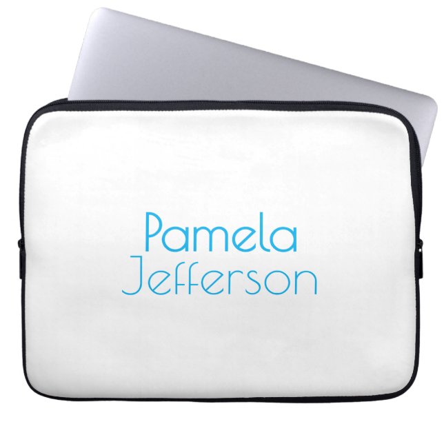 Minimalist Blue & White Professional Modern Name Laptop Sleeve (Front)