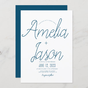Minimalist Blue + White Script Type Wedding Invitation