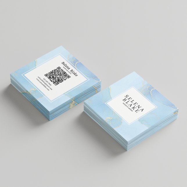 Minimalist Blue & White Square Style + QR Code Business Card (Creator Uploaded)