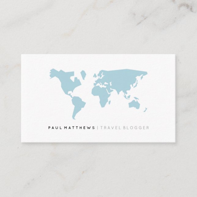Minimalist Blue White Travel Blogger Business Card (Front)