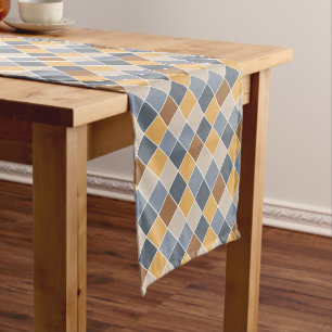 Minimalist Blue Yellow Shades Check Pattern Short Table Runner