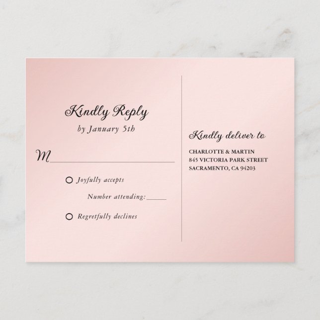Minimalist Blush and Black Wedding RSVP Postcard (Back)