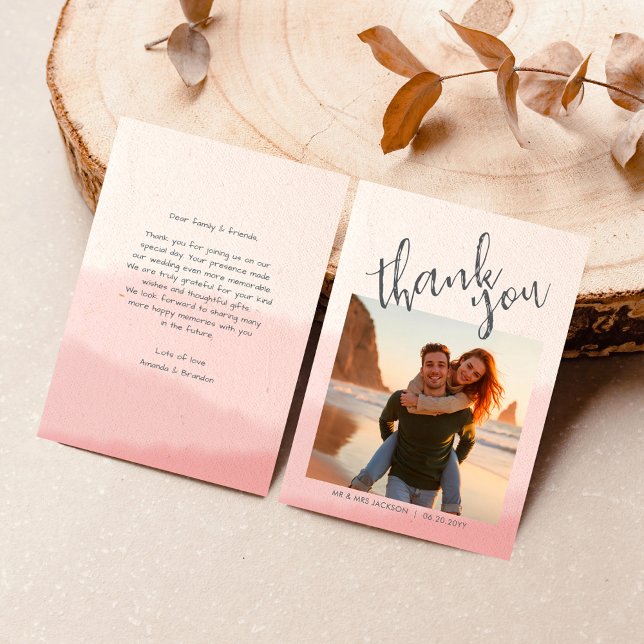 Minimalist Blush & Bloom Bold Script Photo Wedding Thank You Card (Creator Uploaded)