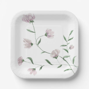 Minimalist Blush Floral Elegant Square Paper Plate