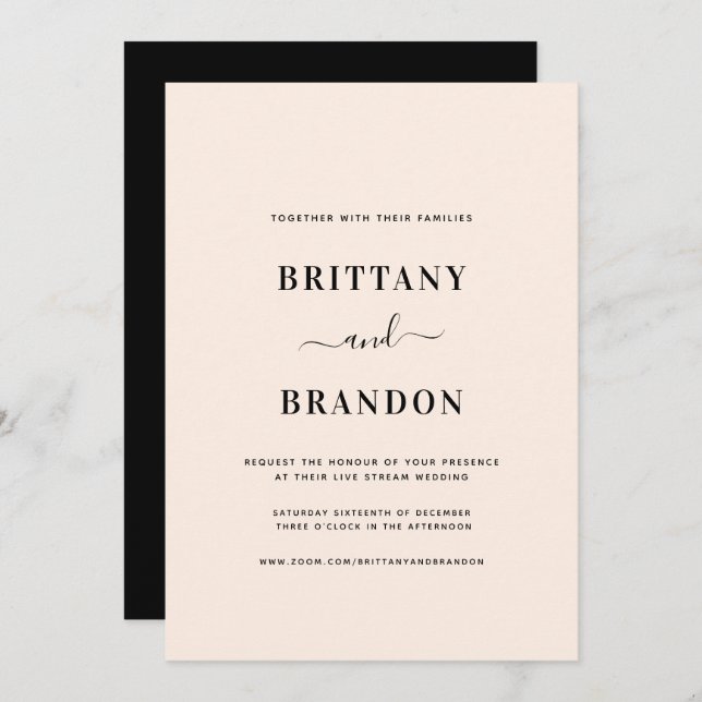 Minimalist Blush Pink Black Live Stream Wedding Invitation (Front/Back)