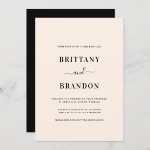 Minimalist Blush Pink Black Live Stream Wedding Invitation