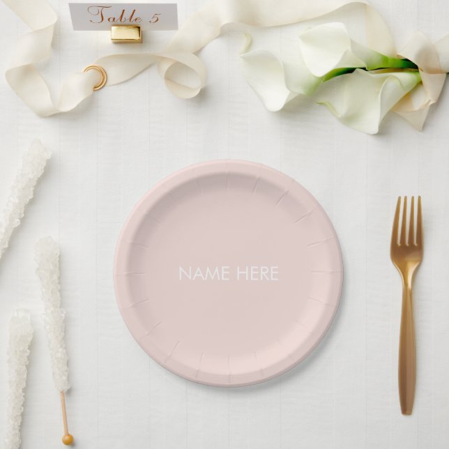 Minimalist blush pink custom name chic paper plate (Wedding)