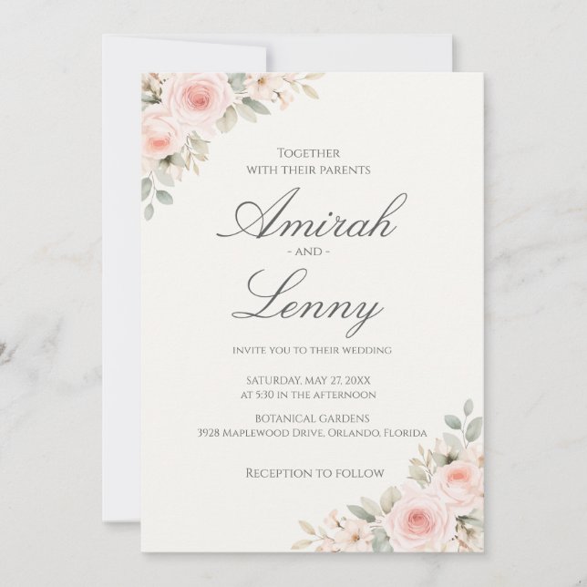 Minimalist Blush Pink Floral Wedding Invitation (Front)