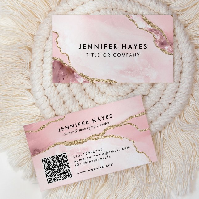 Minimalist Blush Pink Gold Glitter Marble Agate QR Business Card (Creator Uploaded)