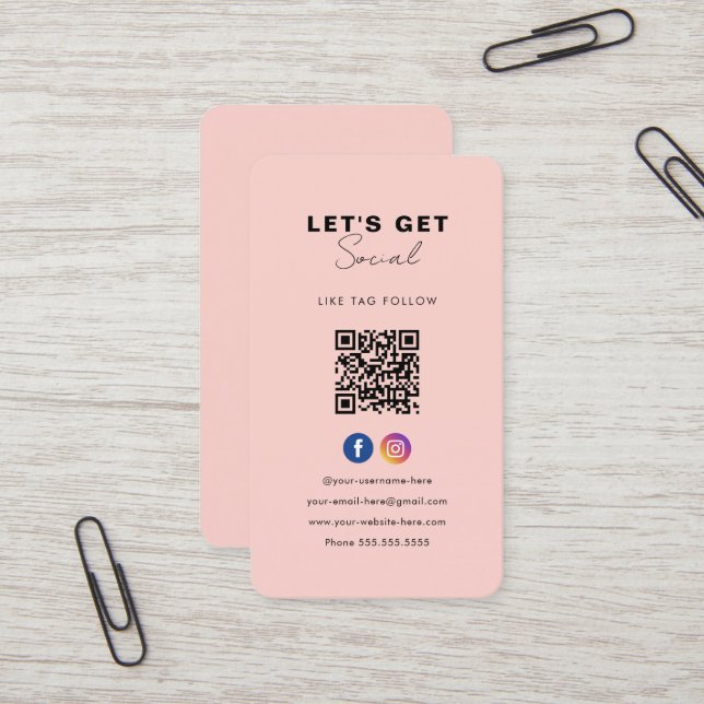 Minimalist Blush Pink Qr Code Connect With Us Business Card (Front/Back In Situ)