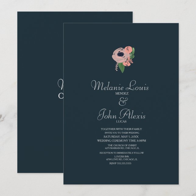 Minimalist Blush Pink Rose Floral Botany Wedding Invitation (Front/Back)