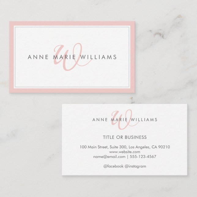 Minimalist Blush Pink Script Two Border Monogram Business Card (Front/Back)