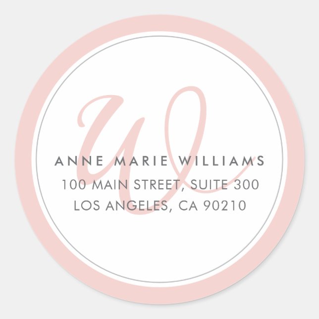 Minimalist Blush Pink Two Border Monogram Classic Round Sticker (Front)