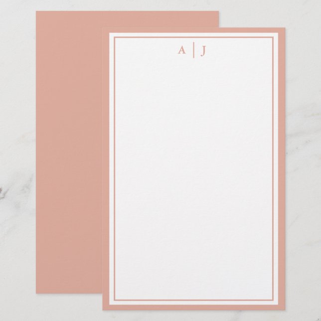 Minimalist Blush Pink Two Border Monogram Stationery (Front/Back)