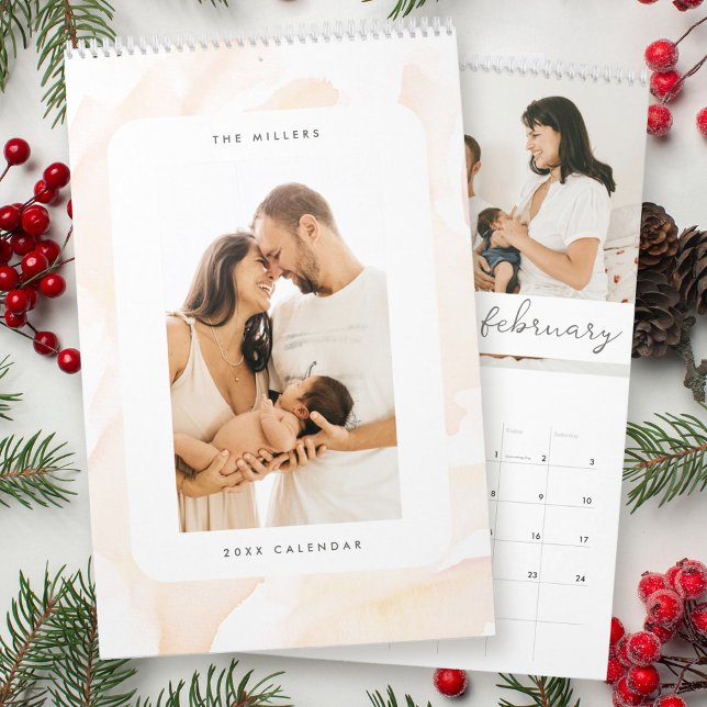 Minimalist Blush Pink Watercolor Family Photo Calendar (Creator Uploaded)