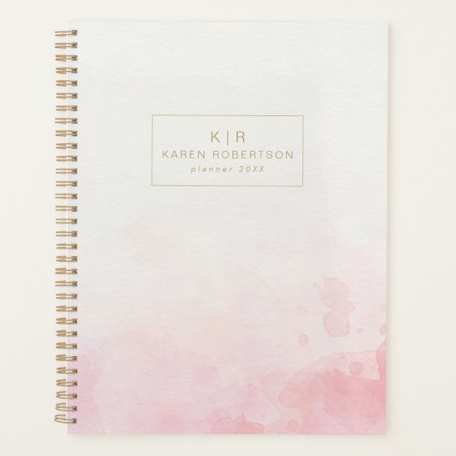Minimalist blush pink watercolor gold  monogram planner (Front)