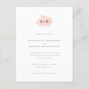 Minimalist Blush Pink Watercolor Initials Wedding Invitation Postcard