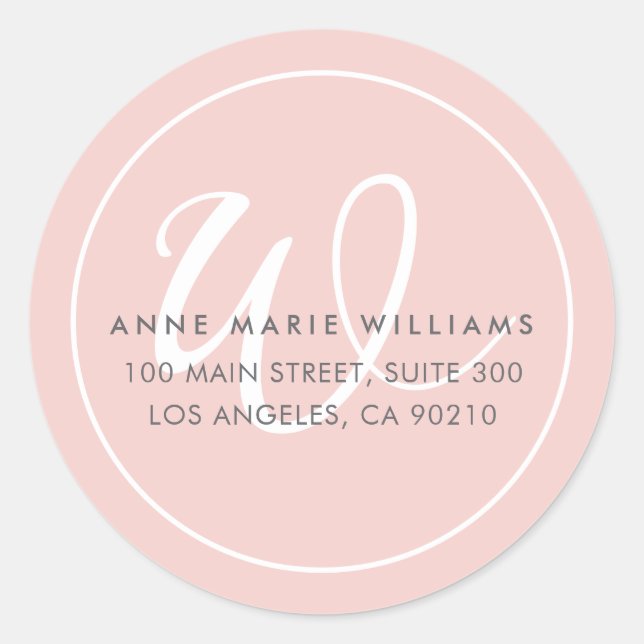 Minimalist Blush Pink White Script Border Monogram Classic Round Sticker (Front)